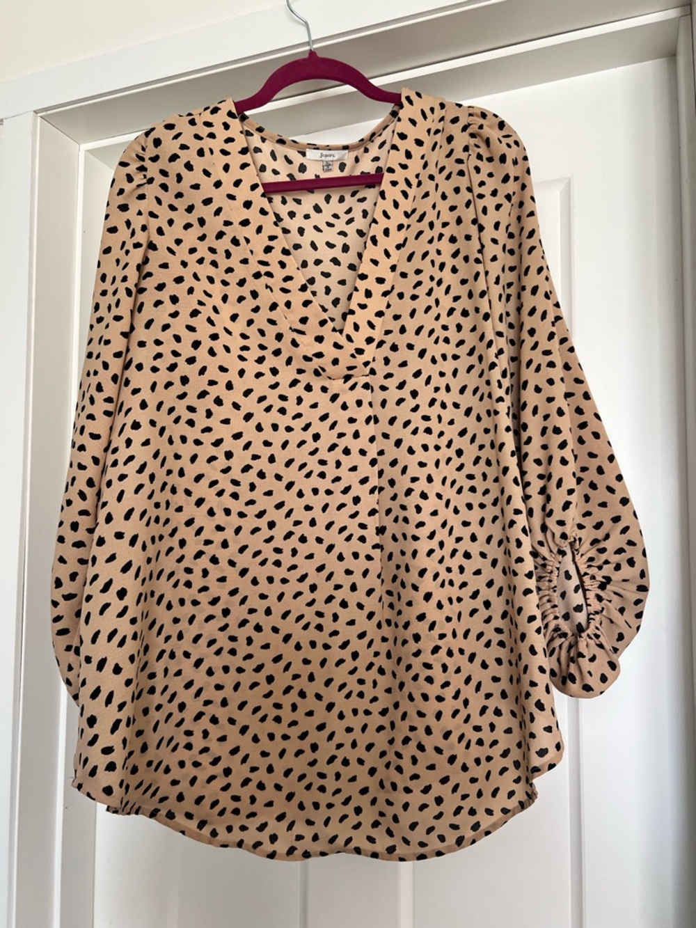 JODIFL Tan V-Neck Blouse with Black Dot Print